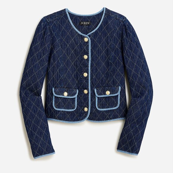 NWT J.Crew 12 Denim Quilted Lady Jacket Navy Blue Gold-tone Crest Buttons - Picture 1 of 11